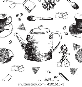 Tea time vector hand drawn seamless pattern. Decorative background