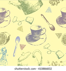 Tea time vector hand drawn seamless pattern. Decorative background