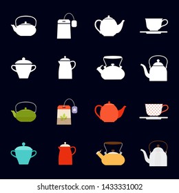 Tea time vector icons collection with cups, teapots, teabag