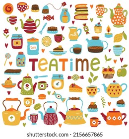 Tea time vector icons set collection of teapots sweets and cups