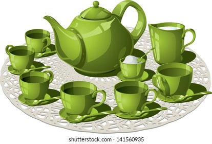 Tea Time - Vector illustration of a complete tea set. Teapot, six teacups and teaspoons, all arranged on a circular custom weave. Sugar and milk to taste.  