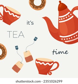 Teezeit, Vektorgrafik mit Tasse und Teekanne 
