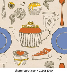 Tea time. Vector illustration with a cups, teapot and sweets.