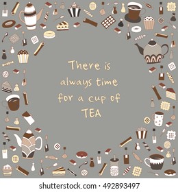 Tea time vector illustration. Hand drawn retro design. Cute cafe or restaurant menu template. Party invitation or banner. Afternoon tea poster. Traditional ceremony. Sweet dessert.