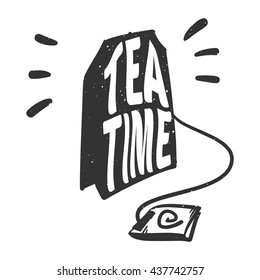 Tea Time vector illustration with lettering. Morning picture of tea bag with color paint splashes.

