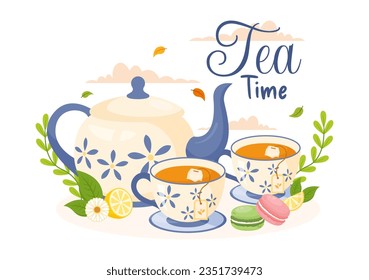 Tea Time Vector Illustration with Mug of Hot Drink, Sweet Desserts and Cookies Usually Done Between Meals in Flat Cartoon Hand Drawn Templates