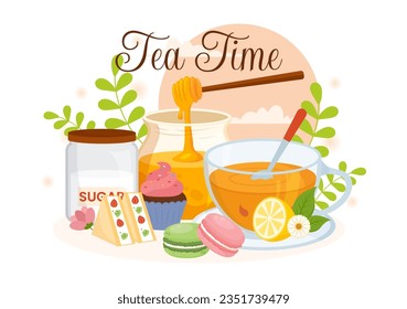 Tea Time Vector Illustration with Mug of Hot Drink, Sweet Desserts and Cookies Usually Done Between Meals in Flat Cartoon Hand Drawn Templates