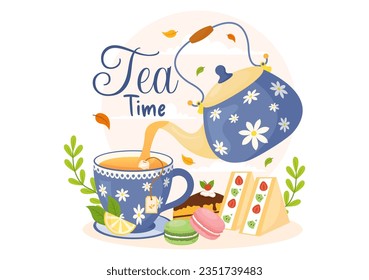 Tea Time Vector Illustration with Mug of Hot Drink, Sweet Desserts and Cookies Usually Done Between Meals in Flat Cartoon Hand Drawn Templates