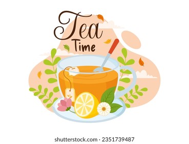 Tea Time Vector Illustration with Mug of Hot Drink, Sweet Desserts and Cookies Usually Done Between Meals in Flat Cartoon Hand Drawn Templates