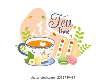 Tea Time Vector Illustration with Mug of Hot Drink, Sweet Desserts and Cookies Usually Done Between Meals in Flat Cartoon Hand Drawn Templates