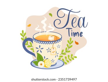 Tea Time Vector Illustration with Mug of Hot Drink, Sweet Desserts and Cookies Usually Done Between Meals in Flat Cartoon Hand Drawn Templates