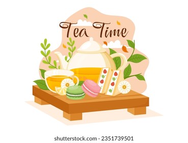 Tea Time Vector Illustration with Mug of Hot Drink, Sweet Desserts and Cookies Usually Done Between Meals in Flat Cartoon Hand Drawn Templates