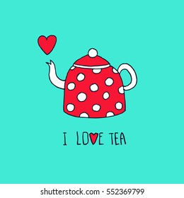 Tea time vector illustration with polka dot tea pot and heart. Hand drawn ink sketch in outlines with english breakfast tea