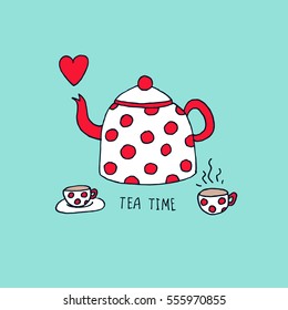 Tea time vector illustration with polka dot tea pot, cups and heart. Hand drawn ink sketch in outlines with english breakfast tea