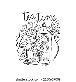 Tea time vector illustration with tea pot. Outline tea box design.