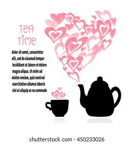 Tea time vector illustration. Silhouettes of tea cup and teapot with abstract steam as lots of hearts. 