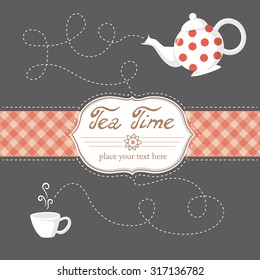 Tea time. Vector illustration of white teapot with re dots and tea cup. On the black background.