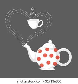 Tea time. Vector illustration of white teapot with re dots and tea cup. On the black background.