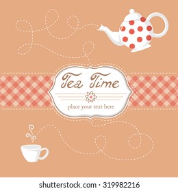 Tea time. Vector illustration of white teapot with re dots and tea cup.