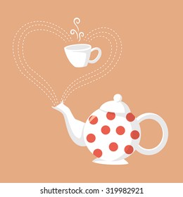 Tea time. Vector illustration of white teapot with re dots and tea cup.