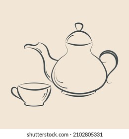 Tea time vector isolated elements. Tea pot, cup outline icons. Hand drawn ink brush line, sketch doodle style.