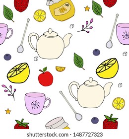 Tea time vector pattern, hand drawn illustration. Endless texture for design projects. Seamless pattern with bright colors, tableware, honey, lemon, abstract elements, white background.