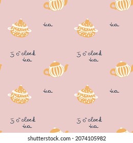 Tea time vector pattern illustration on the pink background. Orange tea pair of sugar jar and teapot. Cartoon style wallpaper. Five o'clock tea. English tea time. Hand drawn lettering. Funny style.