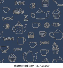 Tea time vector seamless hand drawn pattern.
