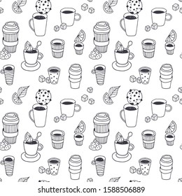Tea time vector seamless pattern, coffee break background, hand drawn doodle plastic coffee and tea cups with dessert, sugar, lemon, mint isolated on white background