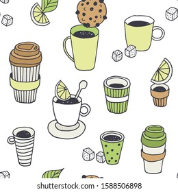 Tea time vector seamless pattern, coffee break background, hand drawn doodle plastic coffee and tea cups with dessert, sugar, lemon, mint isolated on white background