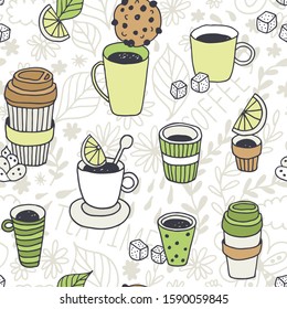 Tea time vector seamless pattern, coffee break background, hand drawn doodle plastic coffee and tea cups with dessert, sugar, lemon, mint on floral leaf background