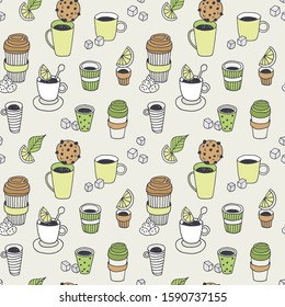 Tea time vector seamless pattern, coffee break background, hand drawn doodle plastic coffee and tea cups with dessert, sugar, lemon, mint on light background