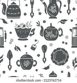 Tea Time. Vector Seamless Pattern of Different Teapots. Breakfast Theme Black and White Background. Kitchen Utensils.