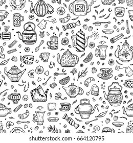 Tea Time Vector Seamless pattern. Crockery and Sweets food. Hand Drawn Doodle Different Teapots, Coffee or Tea Cups