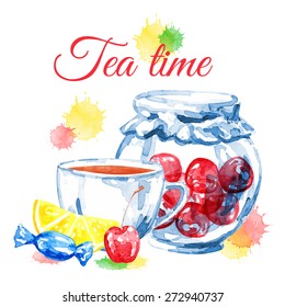 Tea time. Vector watercolor. Fruit. Isolated. Food background.