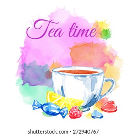 Tea time. Vector watercolor. Fruit. Isolated. Food background.
