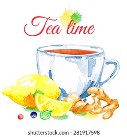 Tea time. Vector  watercolor. Lemon and ginger. Isolated. Food background.