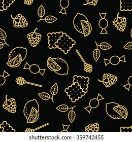 Tea time vintage gold color linear vector seamless pattern. 