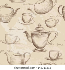 Tea time vintage seamless background. Retro kettle seamless pattern.