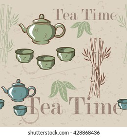 Tea time vintage seamless background. Retro kettle seamless pattern.