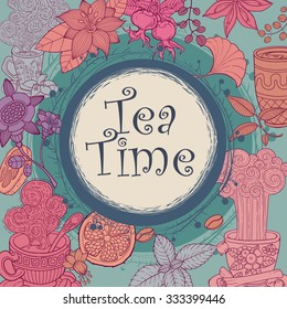 tea time vintage template. Menu for restaurant, cafe, bar, coffee house, hand drawn sketch illustration