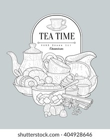 Tea Time Vintage Vector Hand Drawn Design Card