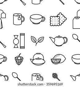 Tea time white color linear vector seamless pattern. 