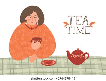 Tea time. Woman drinks tea. Cute girl sits at the table and having a cup of tea. Vector illustration with handwriting text.