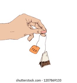 Tea time. Woman's hand holding tea bag, painted by hand.  Making a tea.  Vector isolated illustration. 