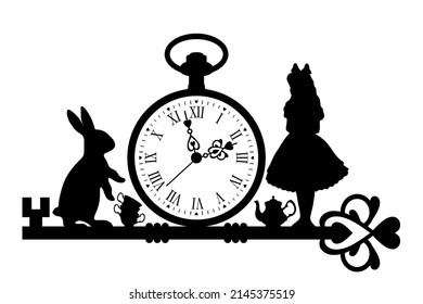 Tiempo de té en el país de las maravillas. Conejo blanco y chica. ilustración vectorial,siluetas negras aisladas en fondo blanco