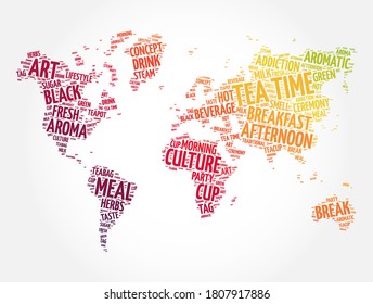 Tea time word cloud in shape of world map, concept background