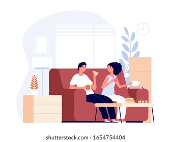 Tea time. Young couple talking, drinks and eat. Apartment room, friend evening with cookie and coffee. Cozy hygge home vector illustration