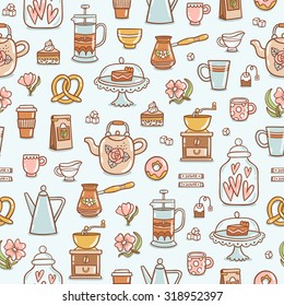 Tea time yummy seamless pattern on light blue background