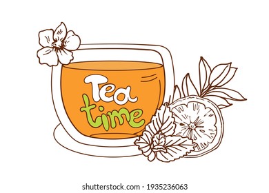 Tea time.A cup of lemon tea and slices of lemon, mint,  on a white background.Vector illustration in sketch style. Line art      